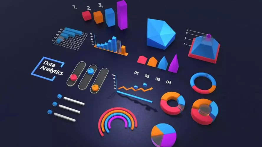 a photo of a three dimensional user interface with various graphs