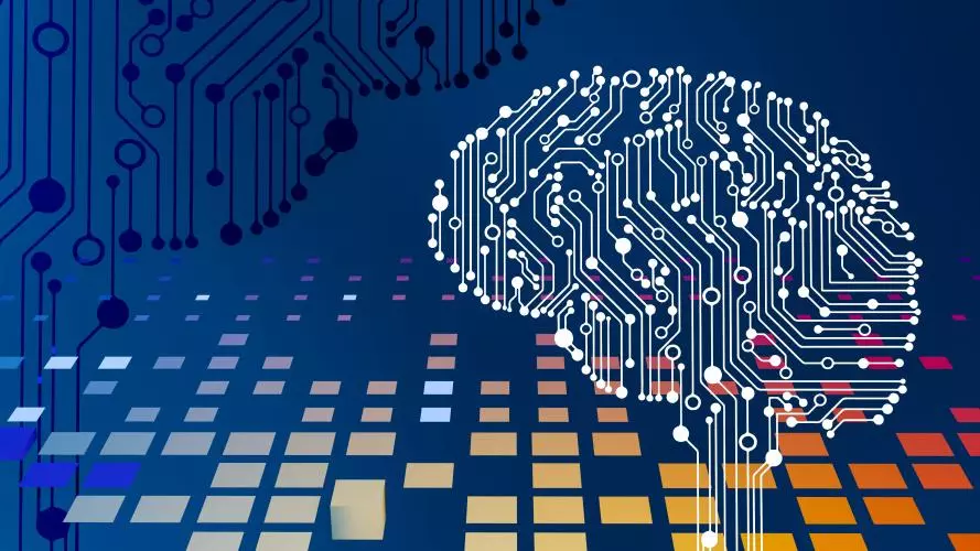 Illustration of a computer circuit board. Some connections form a brain. 