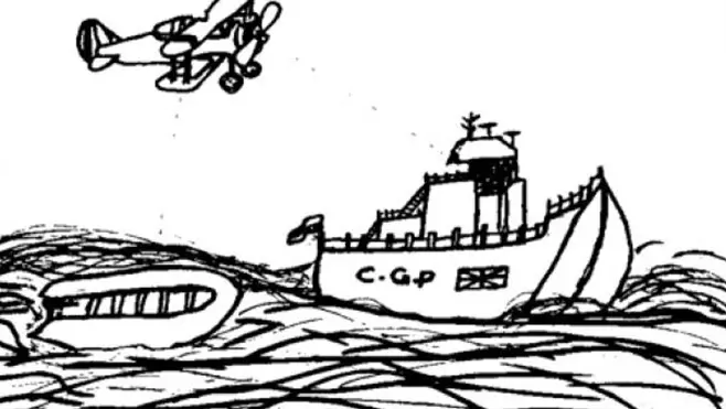 Sketch of the Channel in black and white depicting an abandoned dinghy next to a Coast Guard Patrol boat with the british flag overlooked by a seaplane.