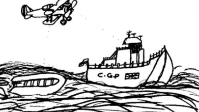 Sketch of the Channel in black and white depicting an abandoned dinghy next to a Coast Guard Patrol boat with the british flag overlooked by a seaplane.