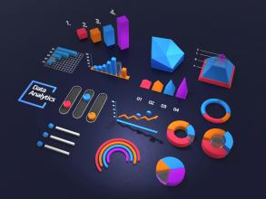 a photo of a three dimensional user interface with various graphs