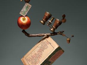 Absurd picture where a series of objects, including an apple, a pencil, a book, a pair of binoculars etc are impossibly balanced on top each other to prompt the viewer's interest.