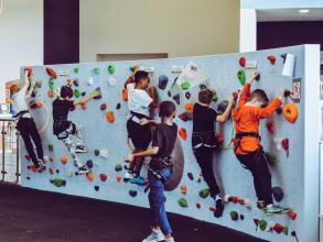 6 kids on a climbing wall