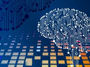 Illustration of a computer circuit board. Some connections form a brain. 
