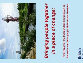 Report Title: Bringing people together in a place of change. The cover of the report features a photo of the The ArcelorMittal Orbit, which is a 114.5-metre (376-foot) sculpture and observation tower in Queen Elizabeth Olympic Park in Stratford, London.