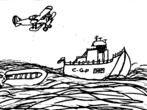 Sketch of the Channel in black and white depicting an abandoned dinghy next to a Coast Guard Patrol boat with the british flag overlooked by a seaplane.
