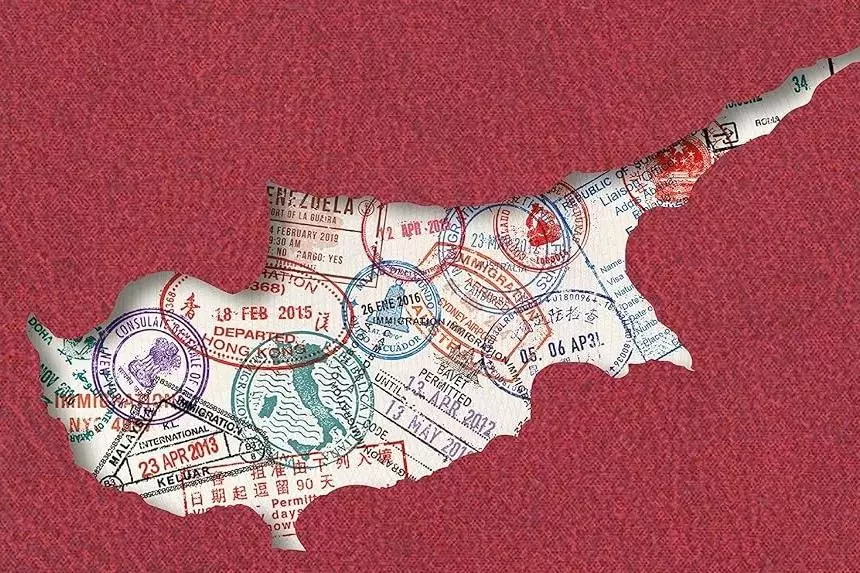 The image on the cover of the book under review. It depicts the outline of the island of Cyprus agains a red font. The hinterland of the island is covered in passport stamps.